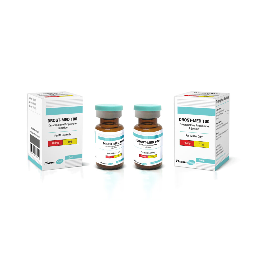 DROST-MED 100 vial by Pharma Nevis, containing Drostanolone Propionate, an anabolic steroid used to enhance muscle definition and strength.