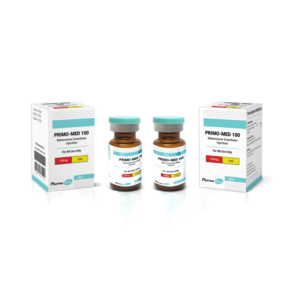 PRIMO-MED 100 vial by Pharma Nevis, containing Metenolone Enanthate for lean muscle growth and enhanced performance.