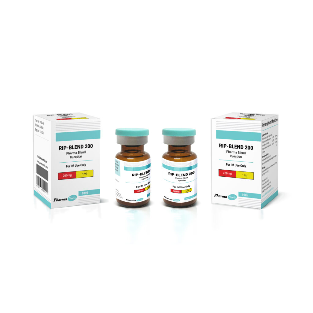 RIP-BLEND 200 vial by Pharma Nevis, containing a blend of Testosterone Propionate, Trenbolone Acetate, and Drostanolone Propionate for enhanced muscle growth and fat loss.