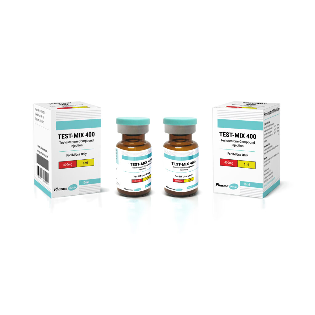 TEST-400 vial by Pharma Nevis, featuring a blend of Testosterone Decanoate, Testosterone Enanthate, and Testosterone Cypionate for sustained muscle growth and strength.