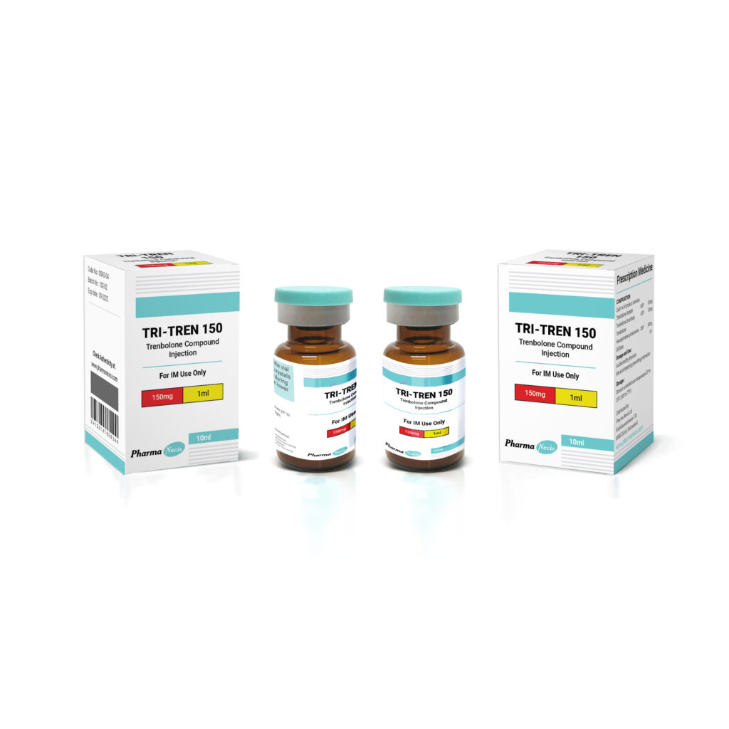 TRI-TREN 150 vial showcasing a blend of Trenbolone Acetate, Trenbolone Enanthate, and Trenbolone Hexahydrobenzylcarbonate for enhanced muscle growth and fat loss.