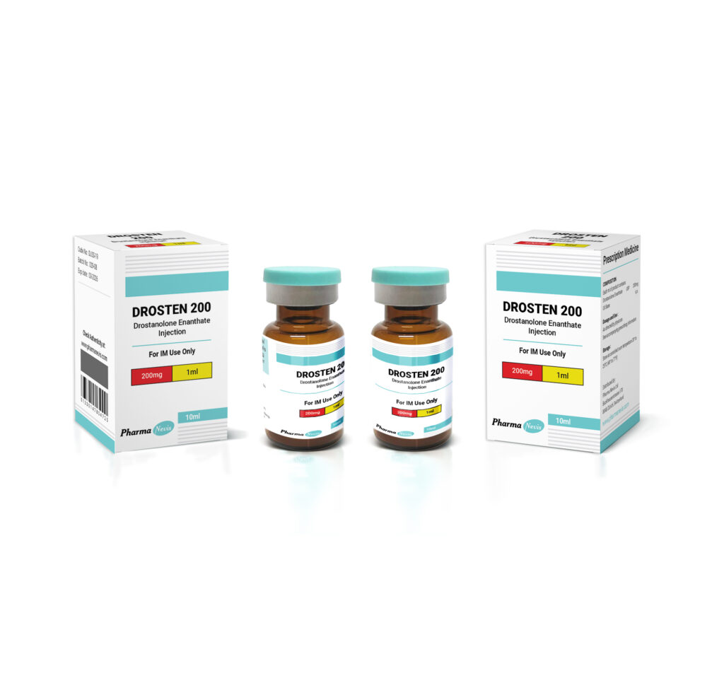 DROSTEN-MED vial by Pharma Nevis, containing Drostanolone Propionate for enhancing muscle definition and strength.