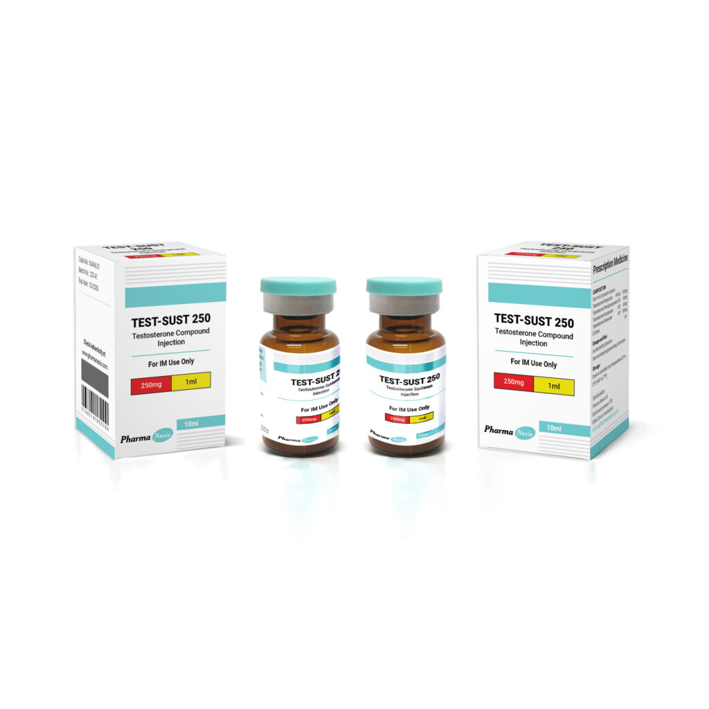 Pharma Nevis TEST-SUST 250 vial and syringe, showcasing a multi-ester testosterone blend including Testosterone Decanoate, Testosterone Phenylpropionate, Testosterone Isocaproate, and Testosterone Propionate